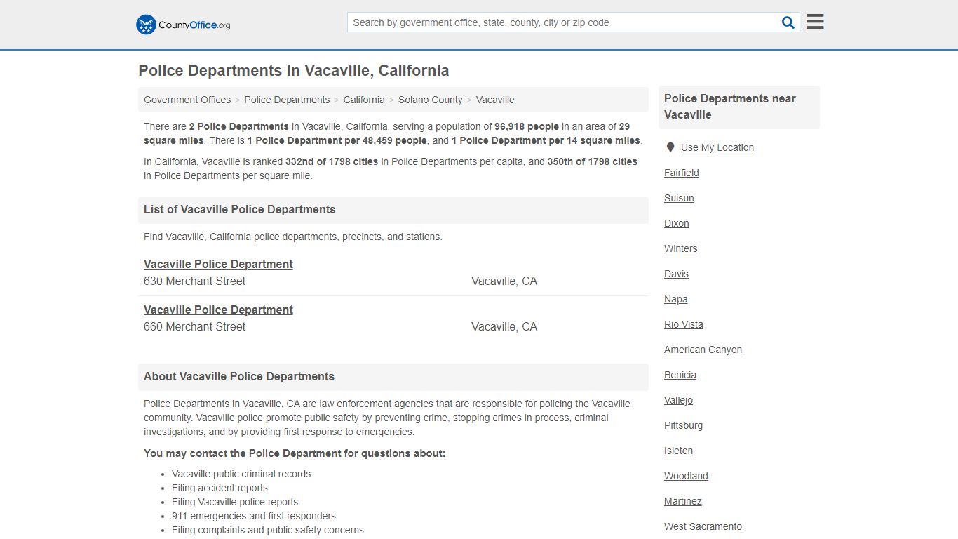 Police Departments - Vacaville, CA (Arrest Records & Police Logs)