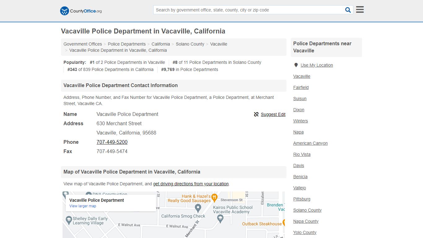 Vacaville Police Department in Vacaville, California - County Office