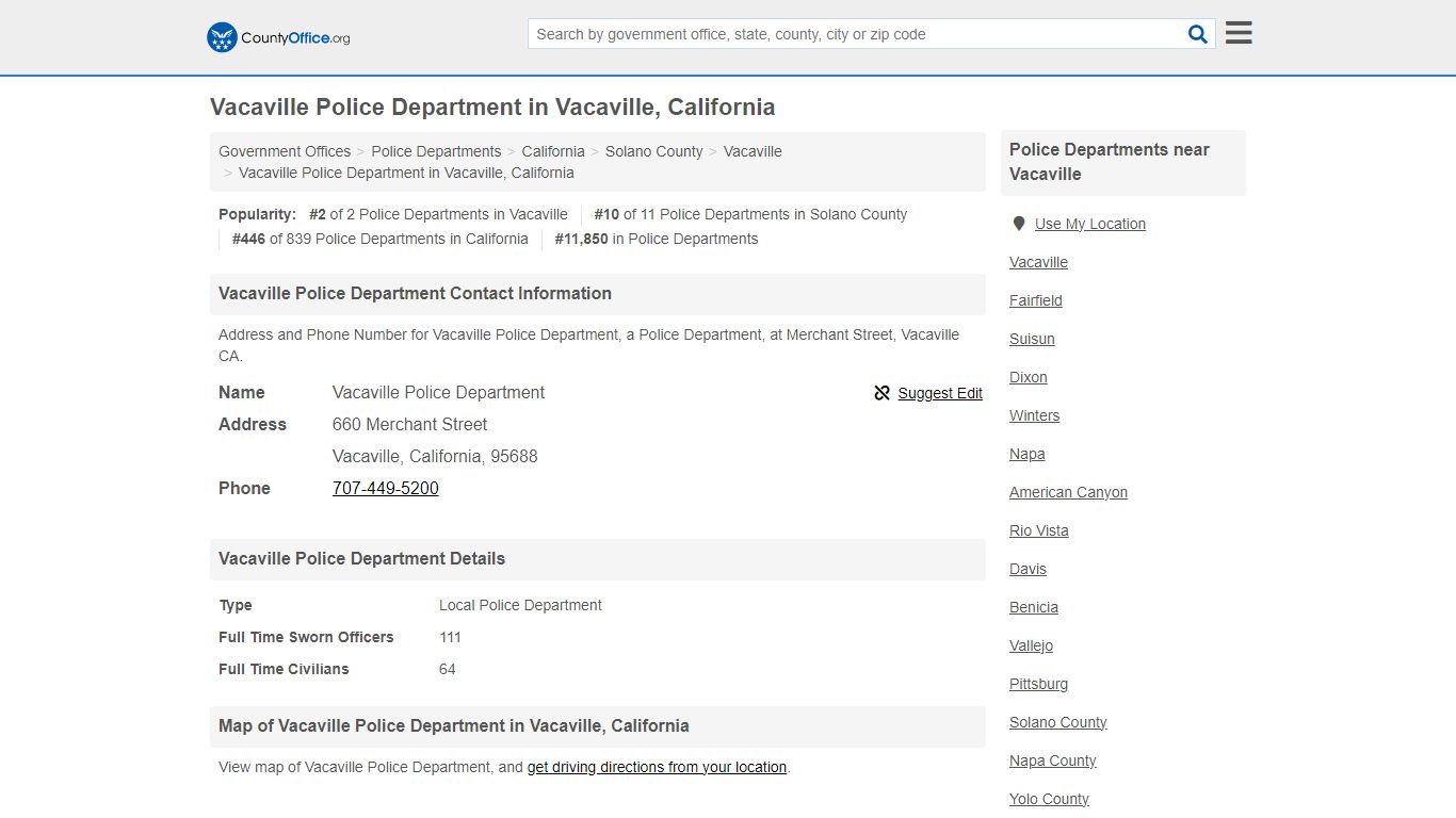 Vacaville Police Department - Vacaville, CA (Address and Phone)