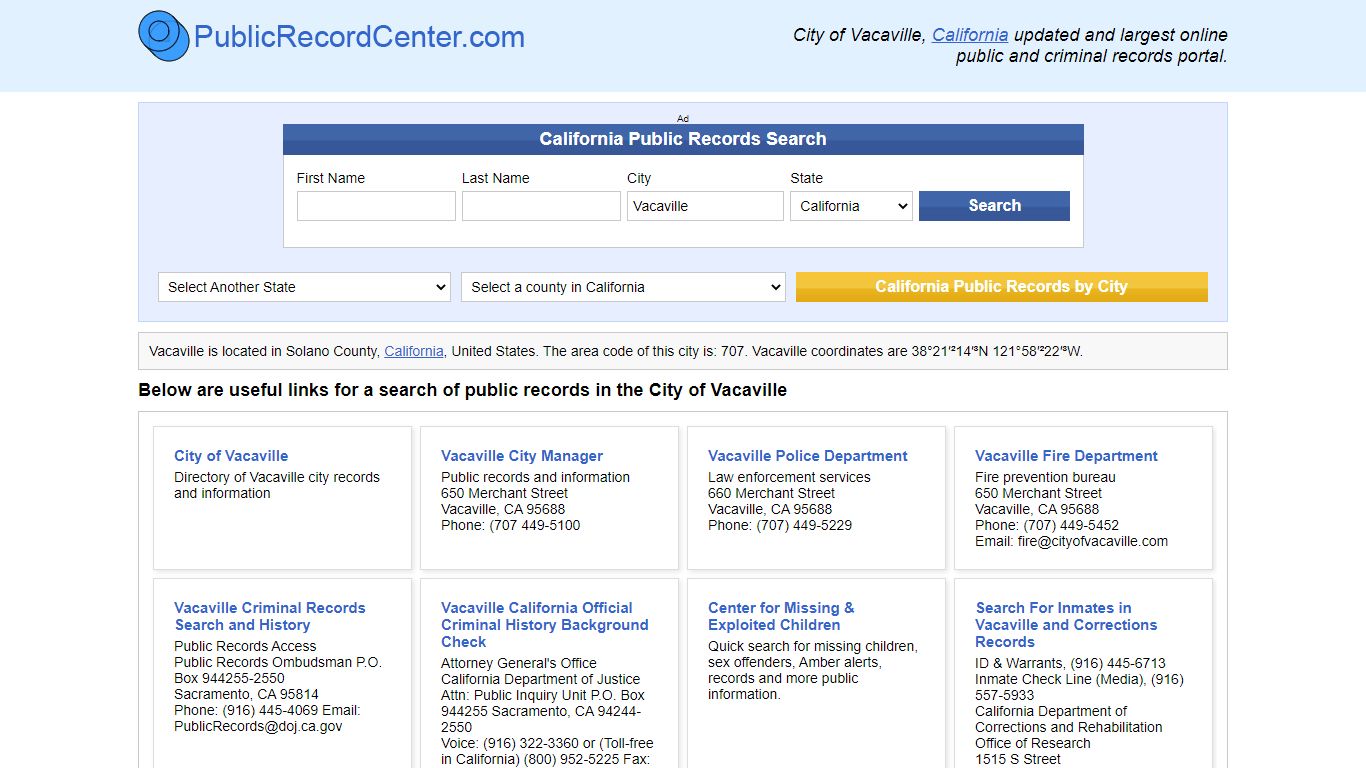 Vacaville, California Public Records and Criminal Background Check
